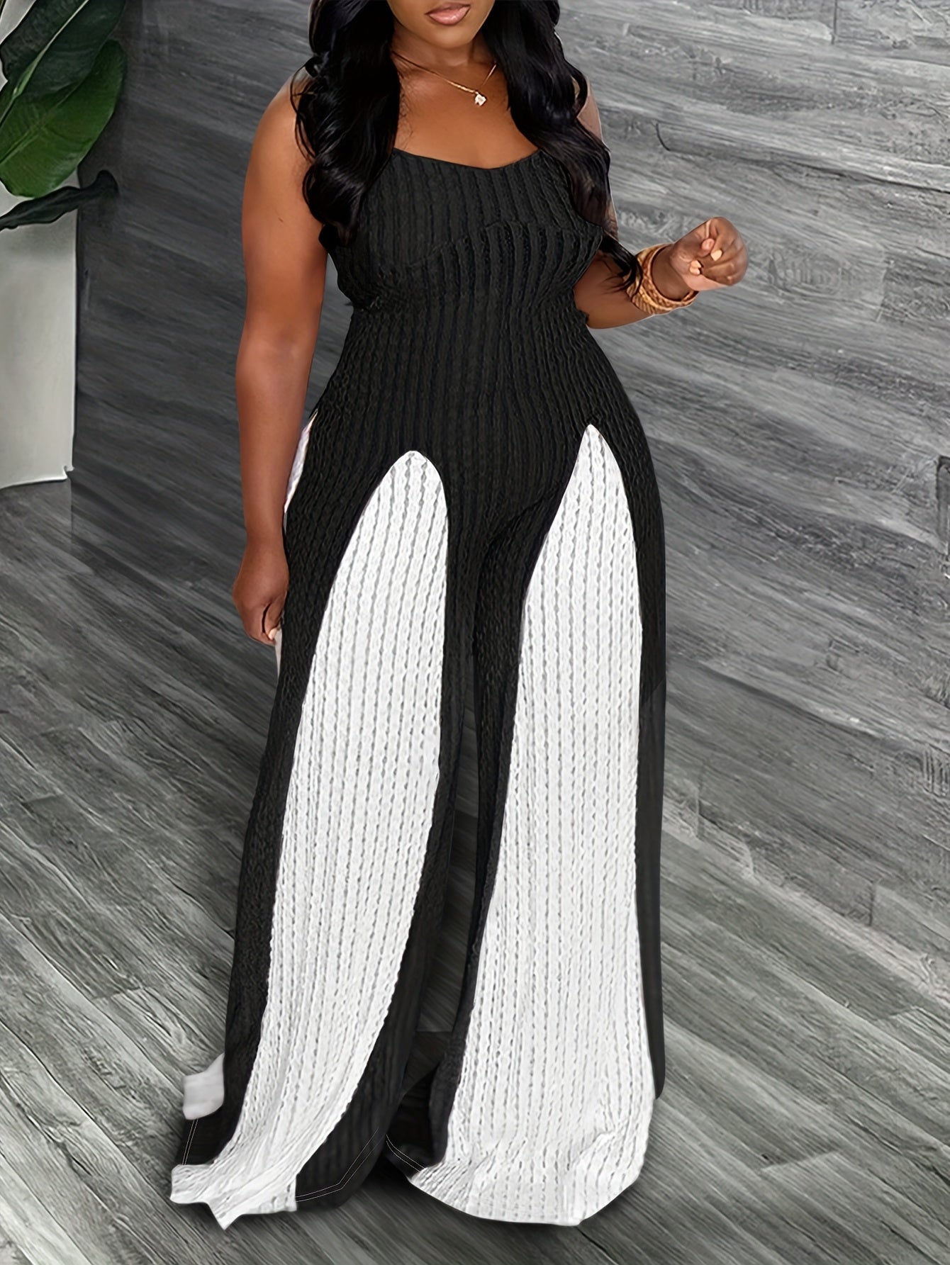 Women'S Casual Textured Patchwork Backless Color-Blocking Loose-Fitting Jumpsuit with Thin Straps